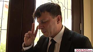 Blonde teen fucks boss after babysitting job