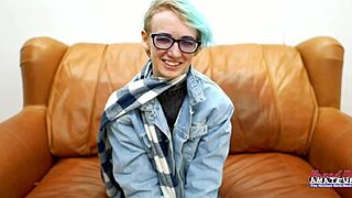 blue haired hottie raven gets her pussy fingered and fucked to swallow cum