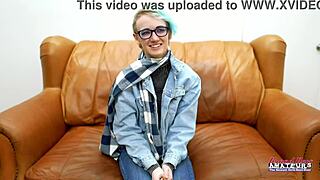 blue haired hottie raven gets her pussy fingered and fucked to swallow cum