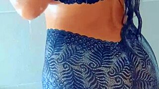 Gorgeous tanned latina teen showers shaved wet pussy after steamy pool day