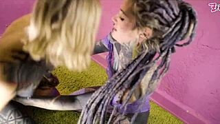 alt goth girl straps on dildo to pound tattooed lesbian's wet pussy missionary doggystyle till dripping orgasms